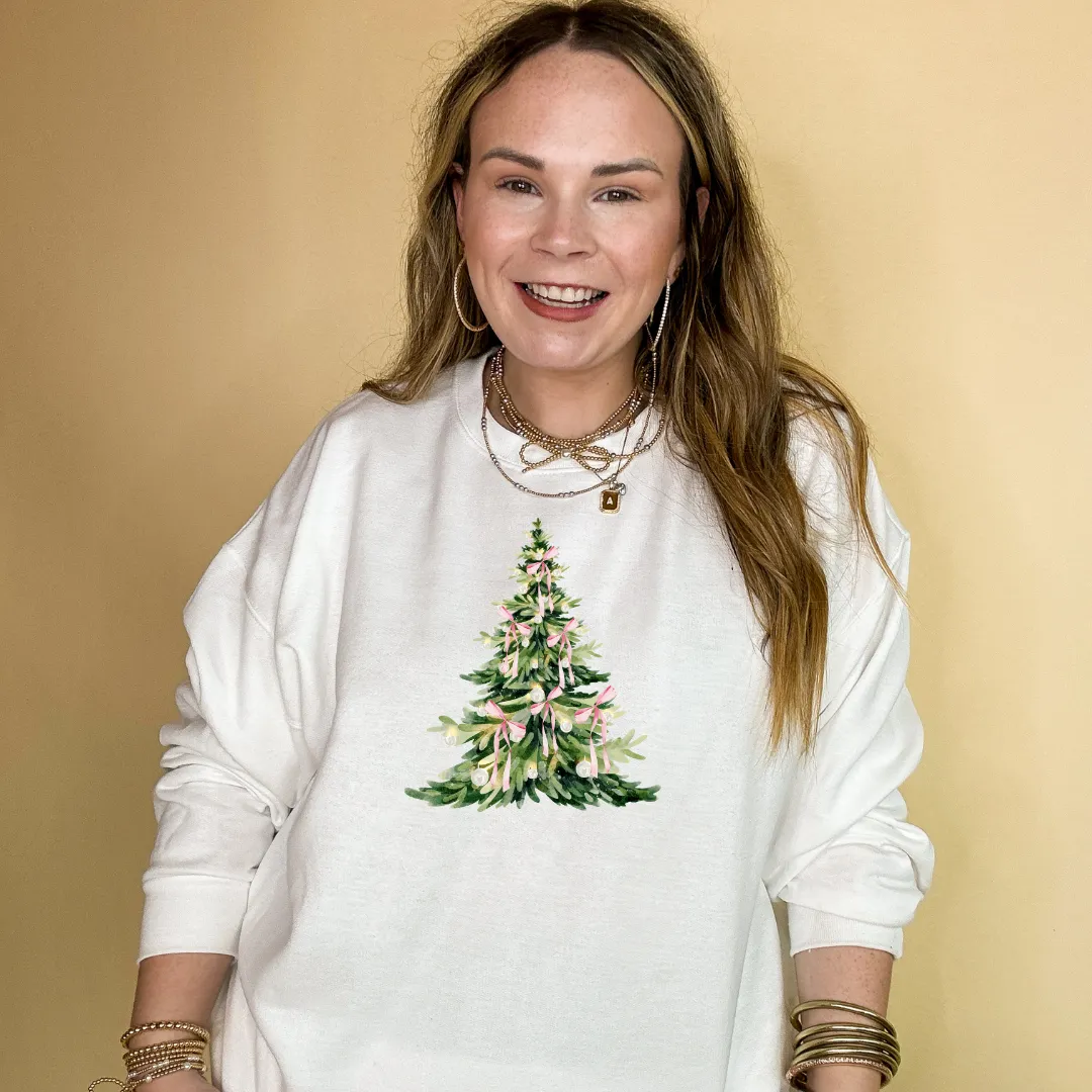 Online Exclusive | Coquette Light Pink Bow Christmas Tree Graphic Sweatshirt in Multiple Color Options