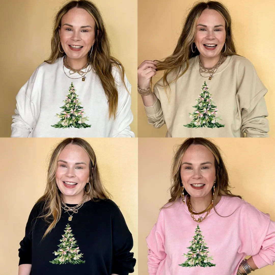 Online Exclusive | Coquette Light Pink Bow Christmas Tree Graphic Sweatshirt in Multiple Color Options