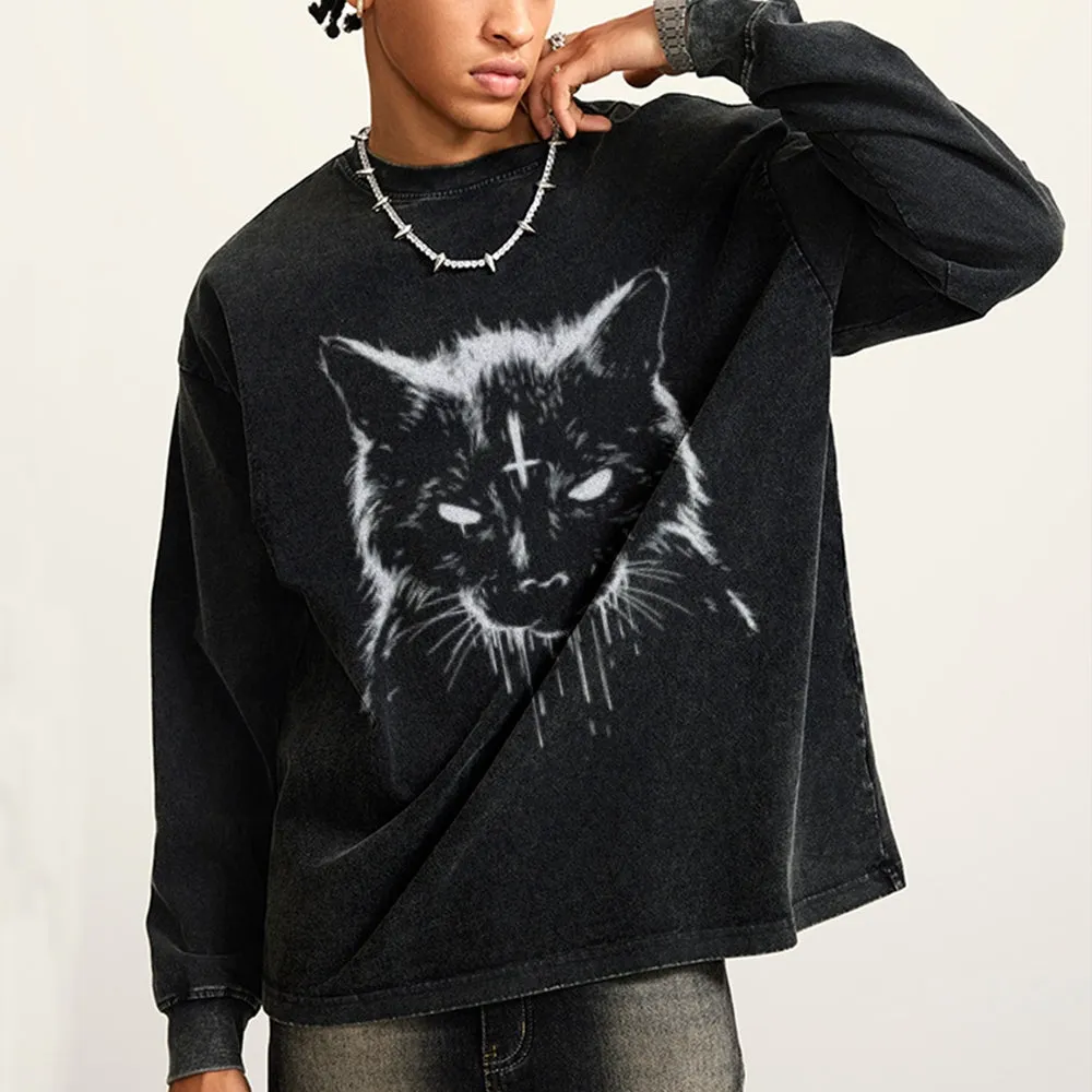 Oversized Vintage Washed Black Cat Graphic Sweatshirt