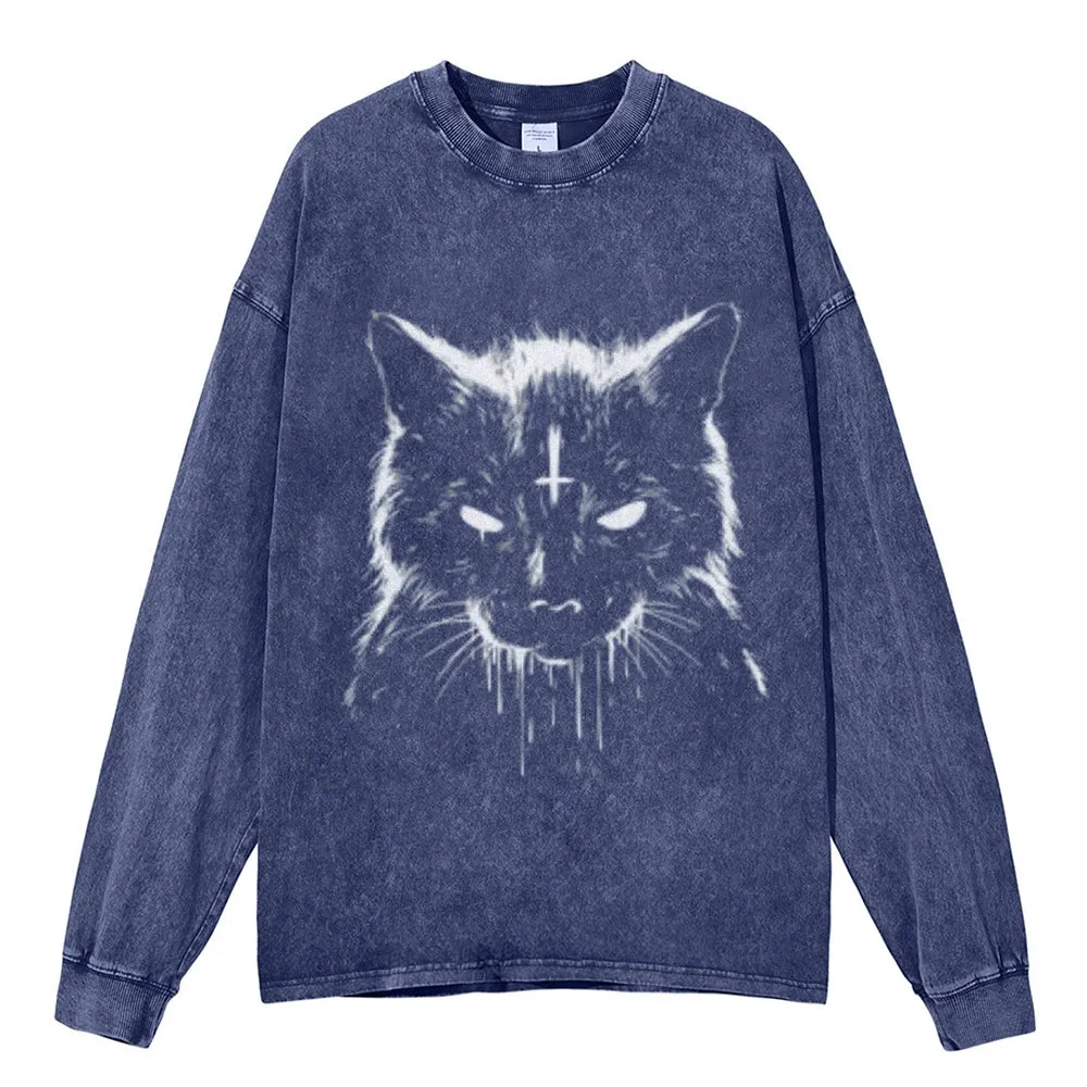 Oversized Vintage Washed Black Cat Graphic Sweatshirt