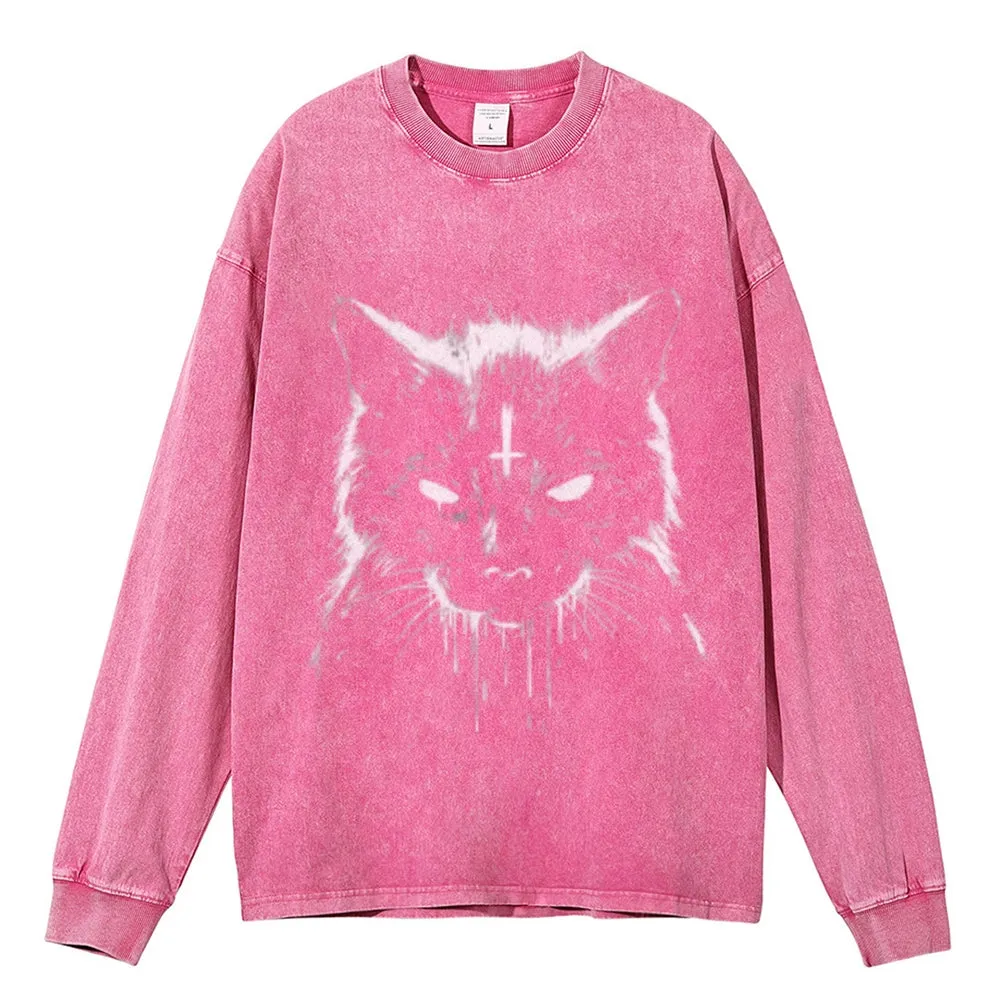 Oversized Vintage Washed Black Cat Graphic Sweatshirt