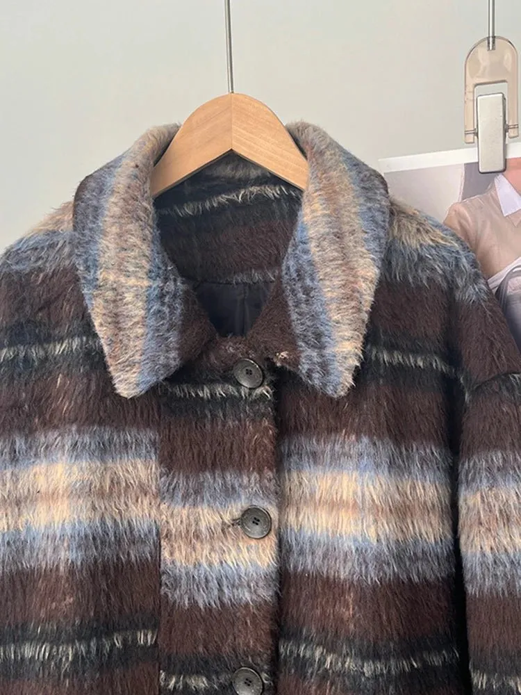 Pre Order:  Brown Plaid Single-Breasted Coat