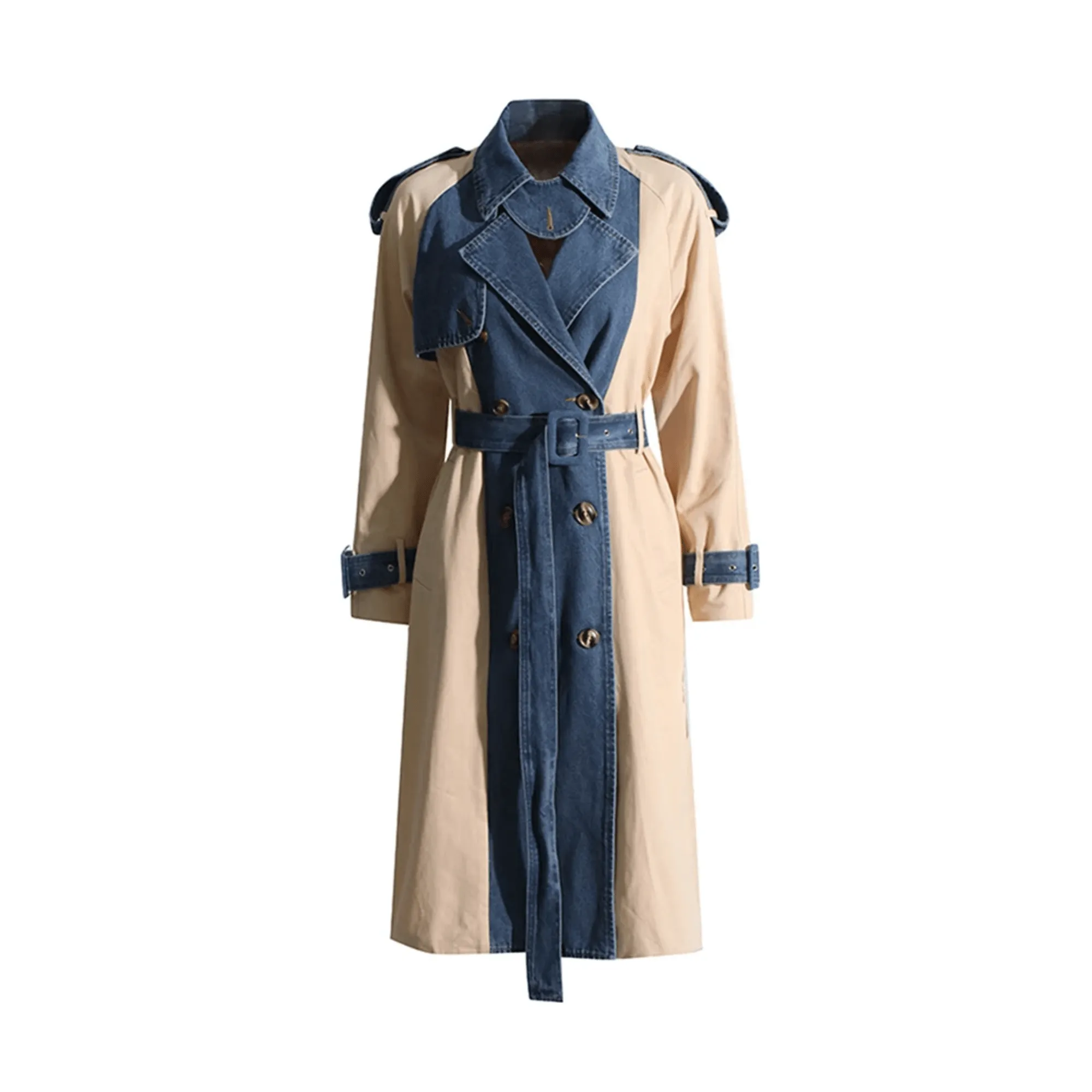 Pre Order:  Denim Spliced Epaulet Belted Coat