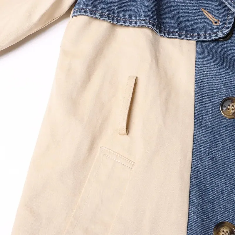 Pre Order:  Denim Spliced Epaulet Belted Coat