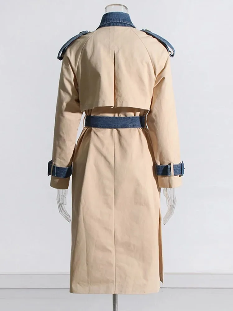 Pre Order:  Denim Spliced Epaulet Belted Coat