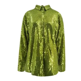 Pre Order:  Green Sequined Turn-Down-Collar Long Sleeve Top