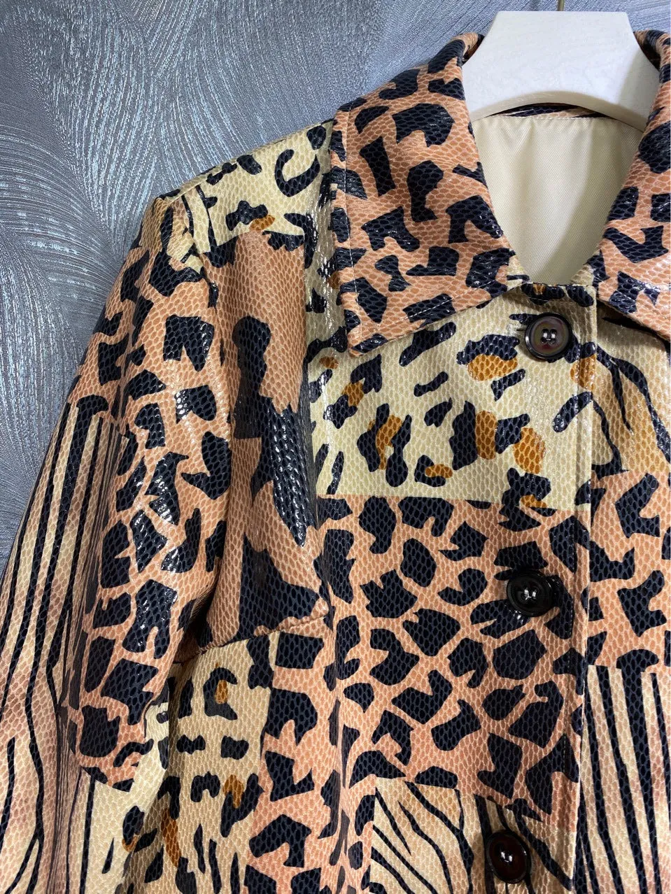 Pre Order:  Leopard Spliced Faux Leather Coat