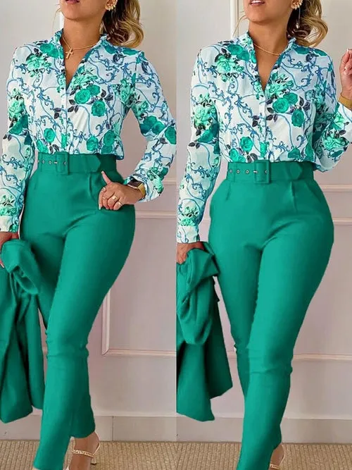 Print Shirt Tops &High Waist Pants