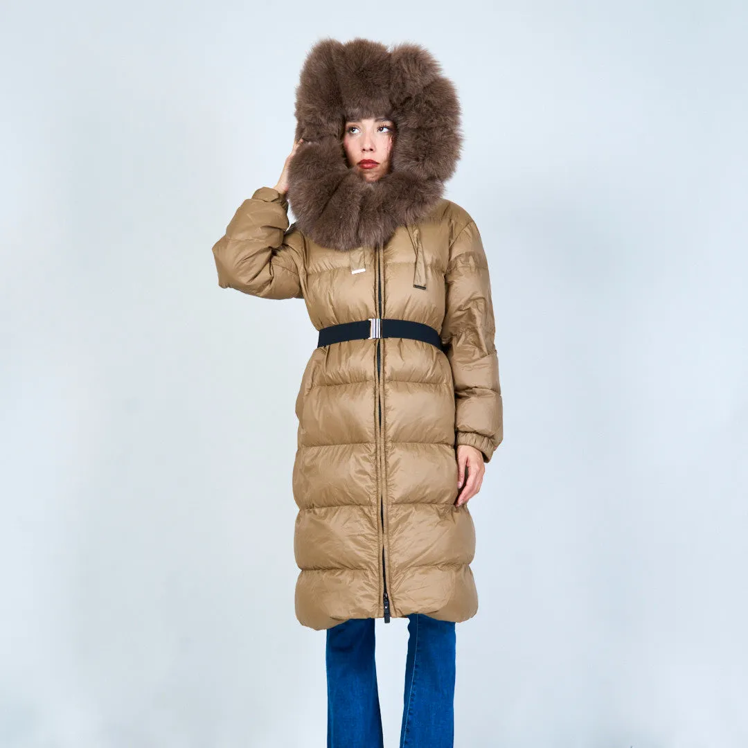 Puffer duck down coat with fur-trimmed hood wholesale