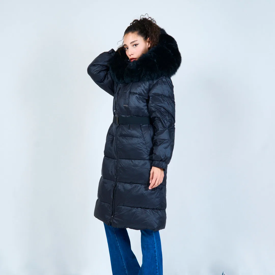 Puffer duck down coat with fur-trimmed hood wholesale