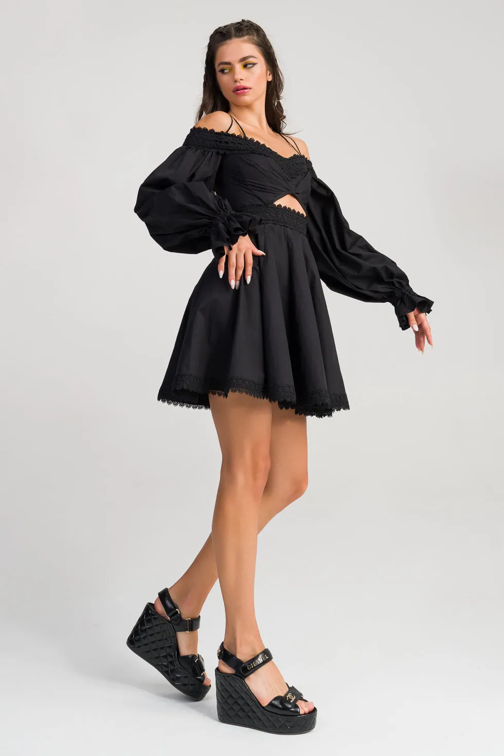 Quinn Black Cotton blend off the shoulder dress