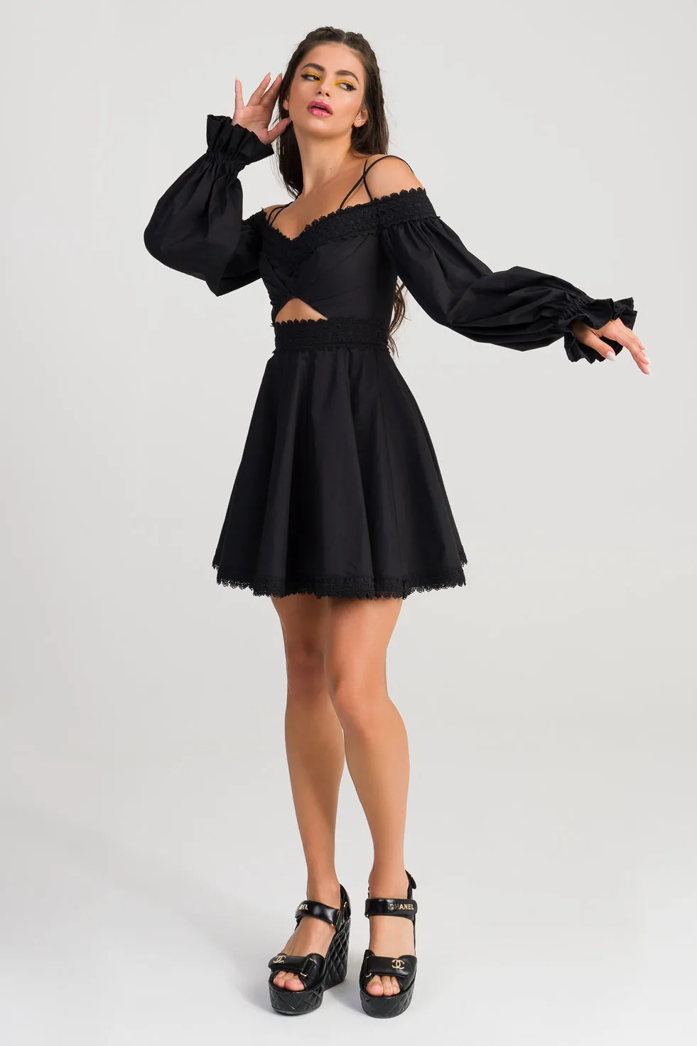 Quinn Black Cotton blend off the shoulder dress