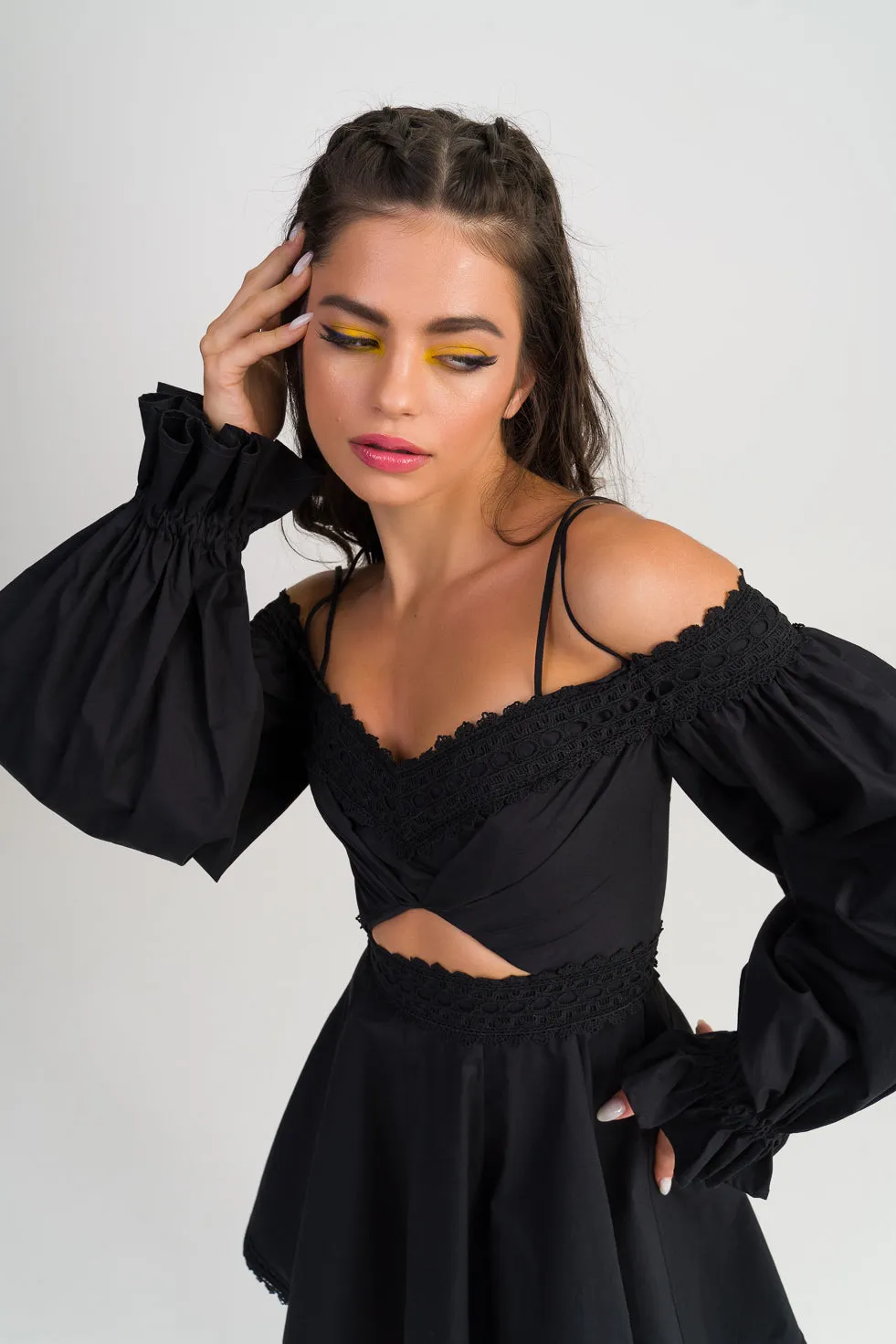 Quinn Black Cotton blend off the shoulder dress