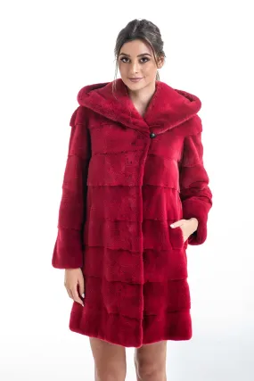 Red Genuine Mink Fur Midi Hooded Coat