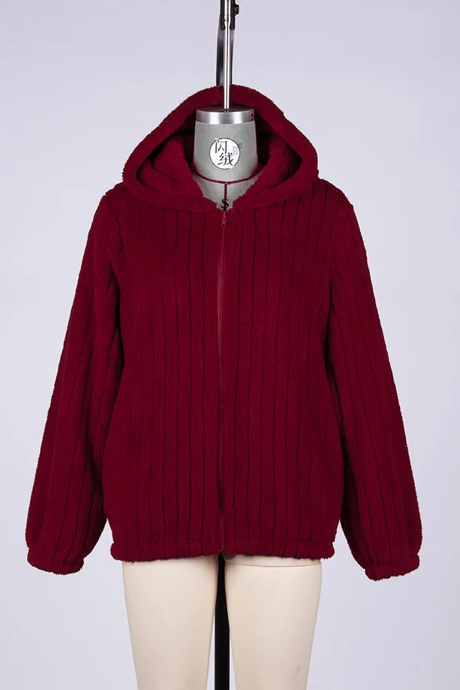 Red Hooded Zipper Ribbed Fleece Winter Outfits Coat