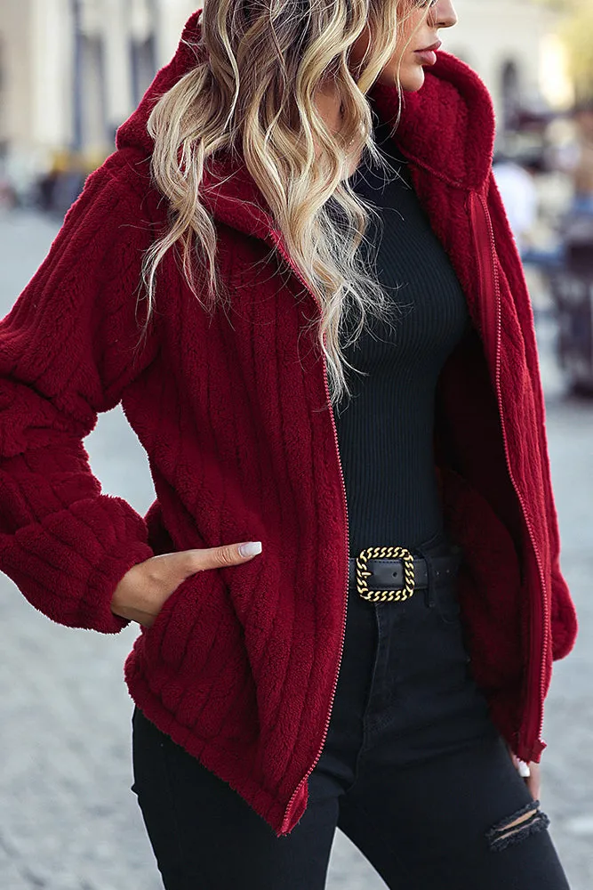 Red Hooded Zipper Ribbed Fleece Winter Outfits Coat