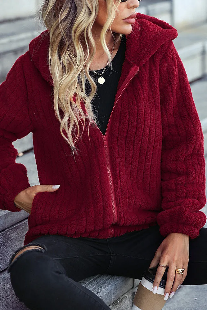 Red Hooded Zipper Ribbed Fleece Winter Outfits Coat