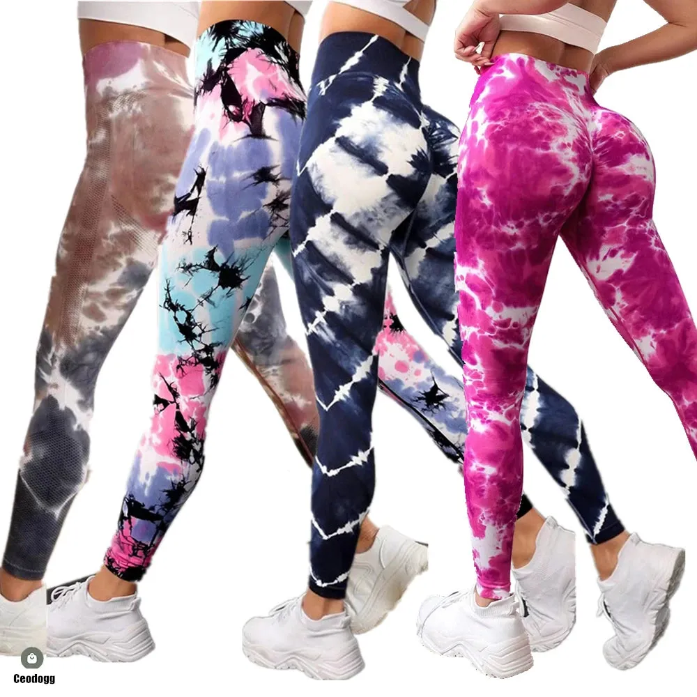 S-L Women Dye Seamless Yoga Pants High Waist Leggings Scrunch Gym Tights Workout Squat Scrunch Jogging Running Activewear