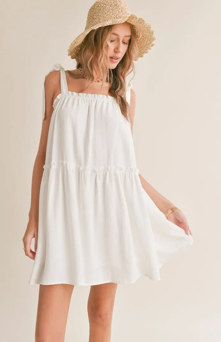 S&S Tie Shoulder Babydoll Dress-Wht