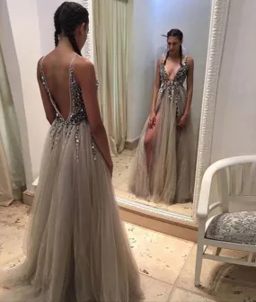 Sexy Deep V-Neck Backless Sequin Grey Long Prom Dresses, Evening Dresses