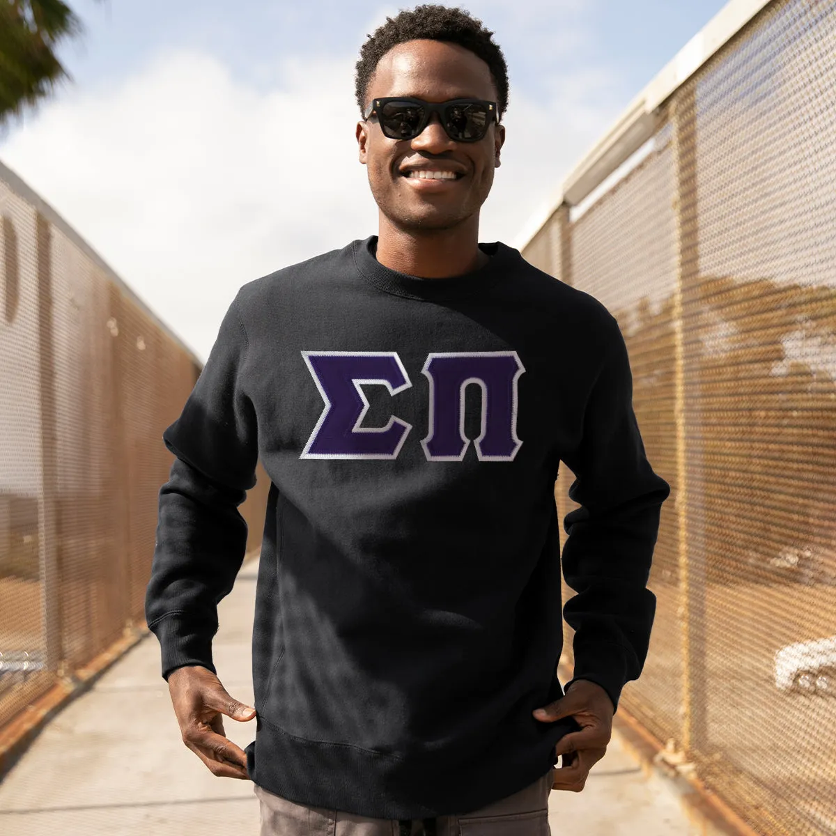 Sigma Pi Black Crew Neck Sweatshirt with Sewn On Letters