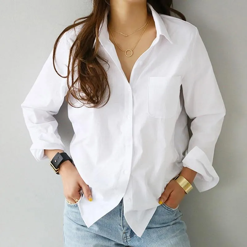 Simple Casual White Shirt Long Sleeve  One Pocket Women