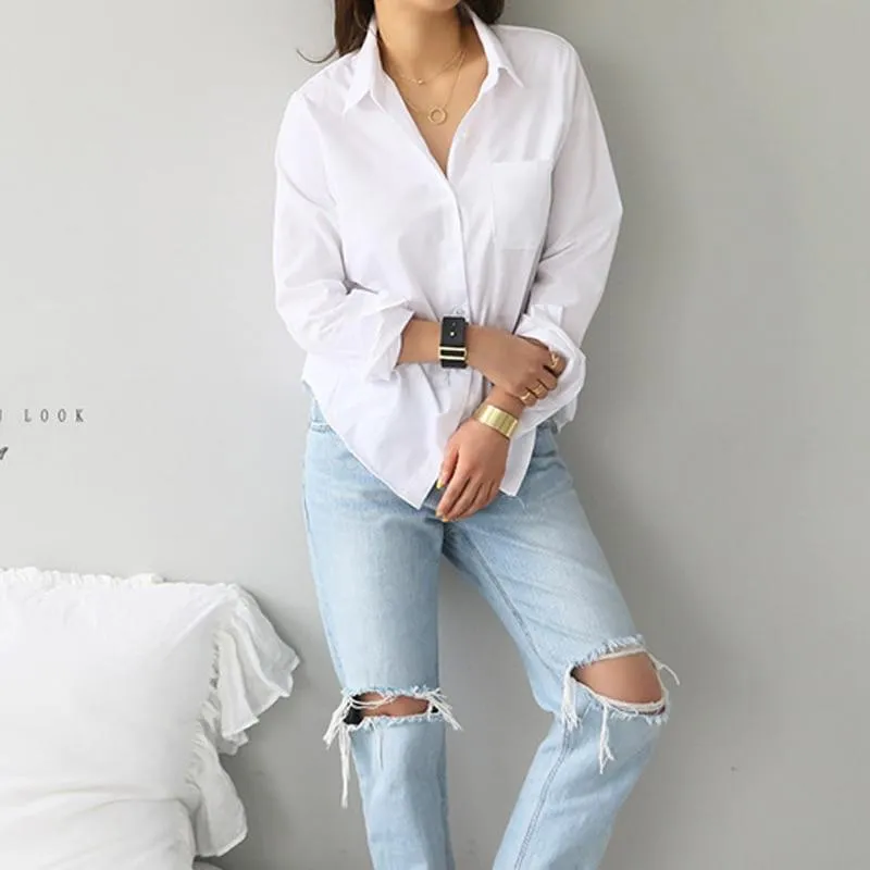 Simple Casual White Shirt Long Sleeve  One Pocket Women