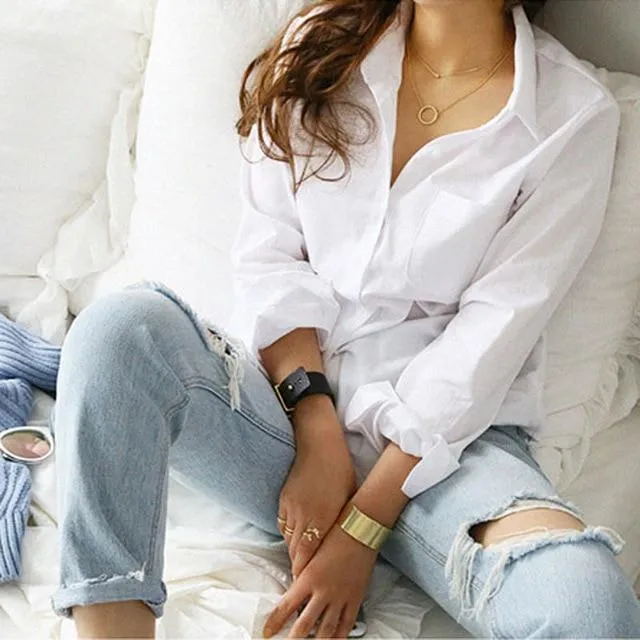 Simple Casual White Shirt Long Sleeve  One Pocket Women