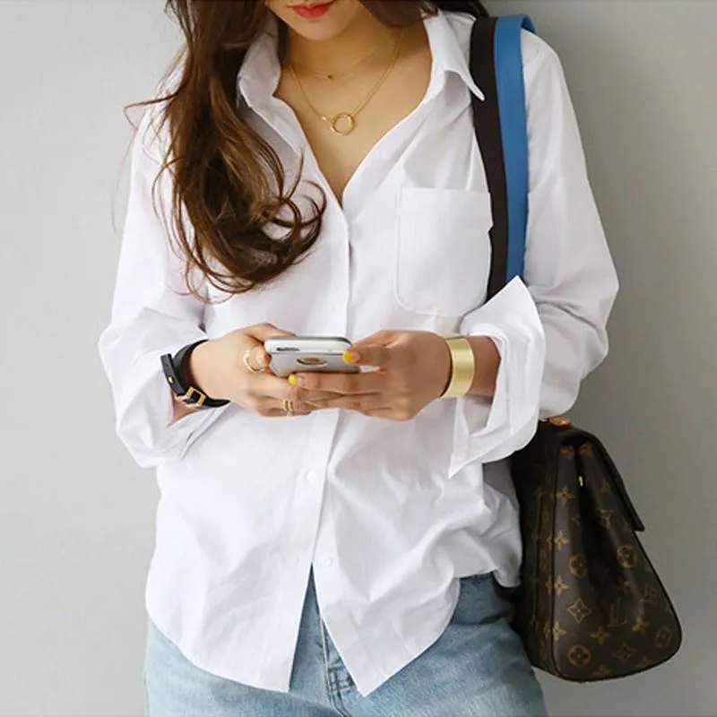 Simple Casual White Shirt Long Sleeve  One Pocket Women