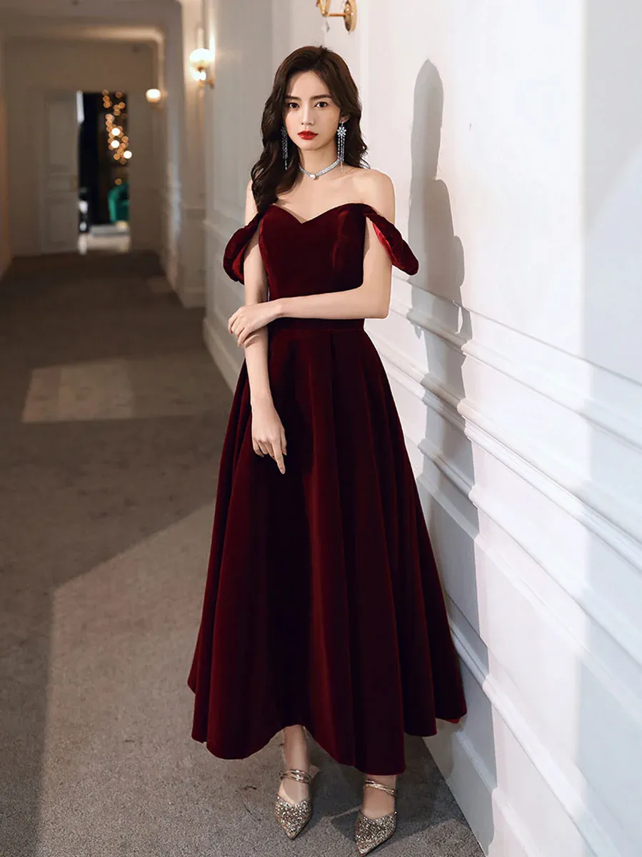 Simple Velvet Tea Length Prom Dresses, Burgundy Velvet Evening Dresses      fg5033