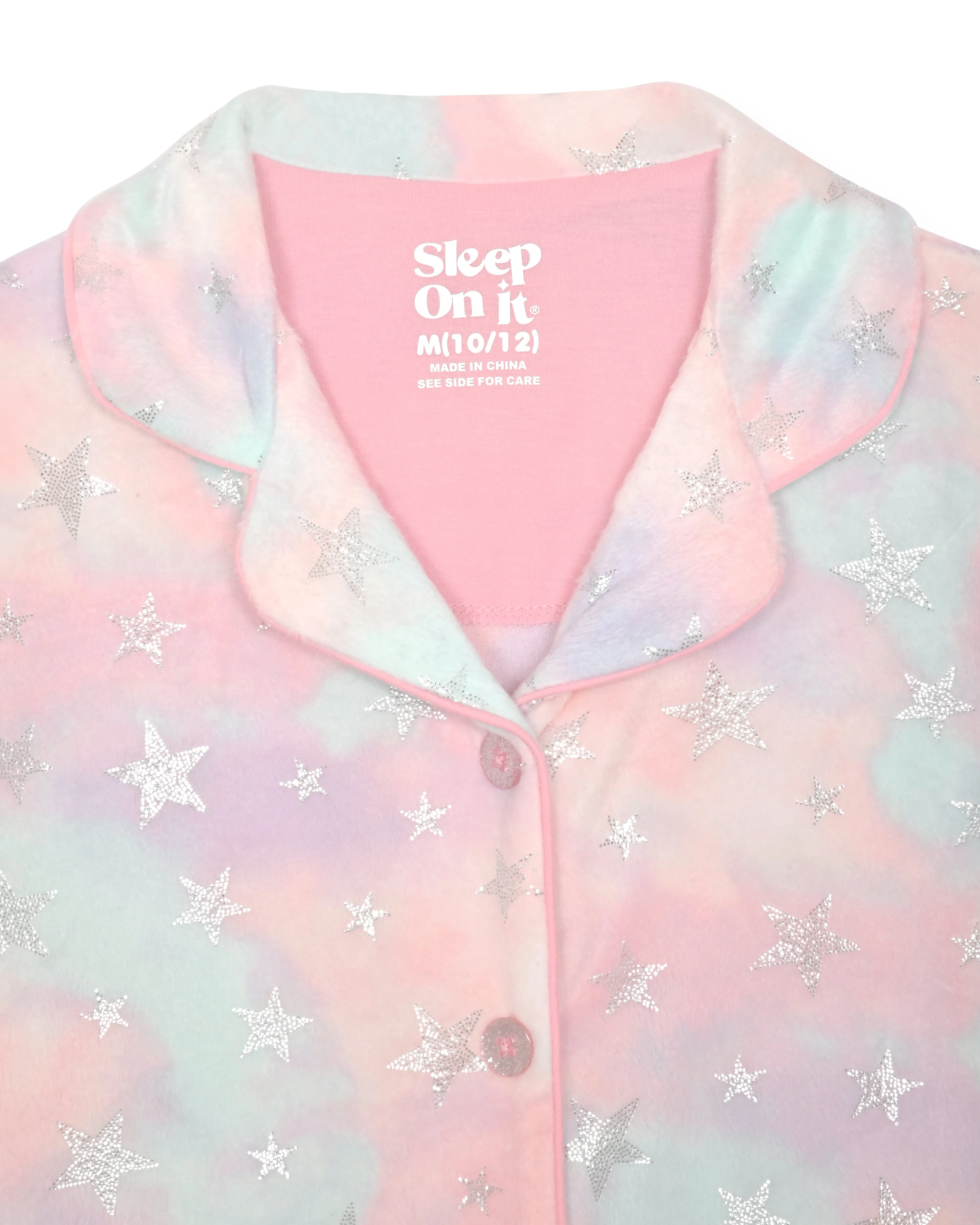 Sleep On It Girls 2-Piece Button-Front Coat Pajama Set with Scrunchie - Foil Stars