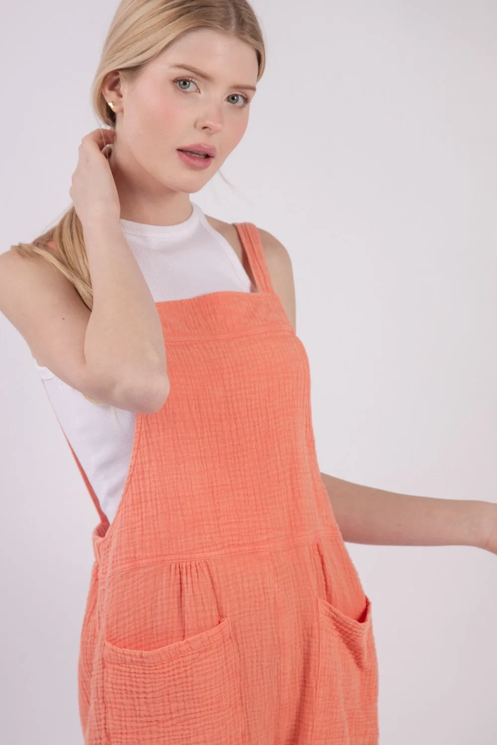 Sleeveless Double Gauze Overalls with Pockets