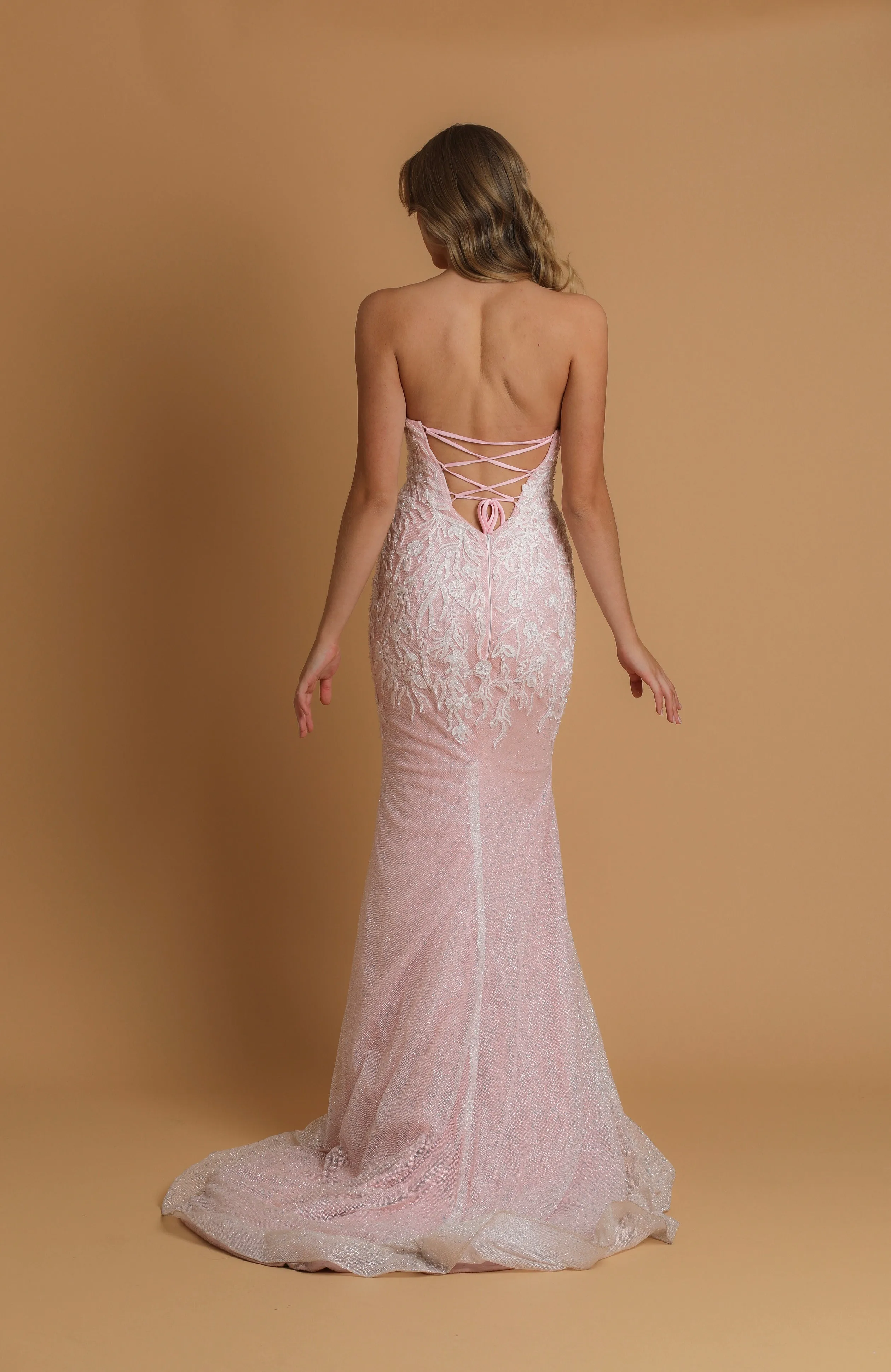 Sparkling pink dress with strapless scoop neckline