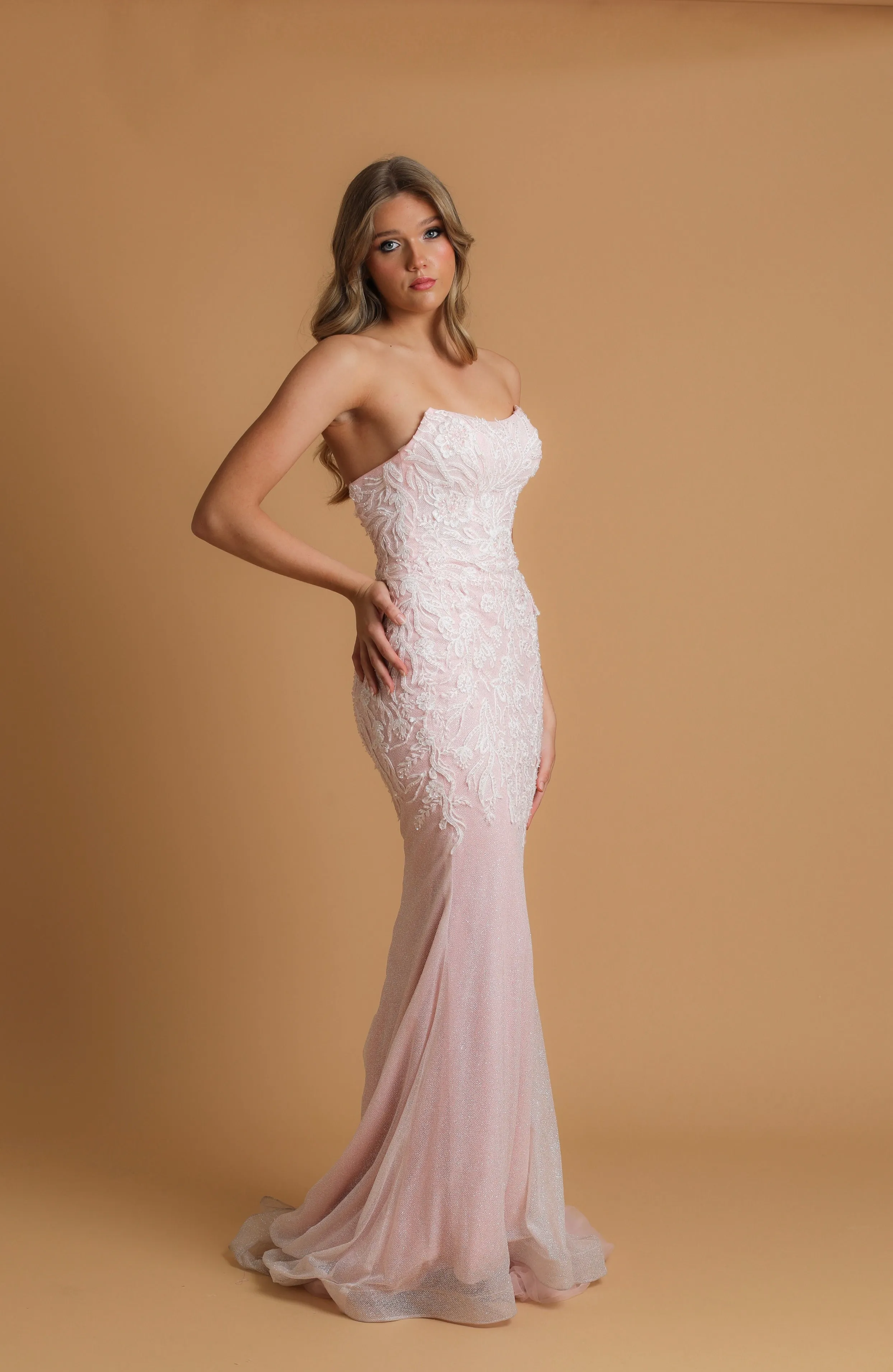 Sparkling pink dress with strapless scoop neckline