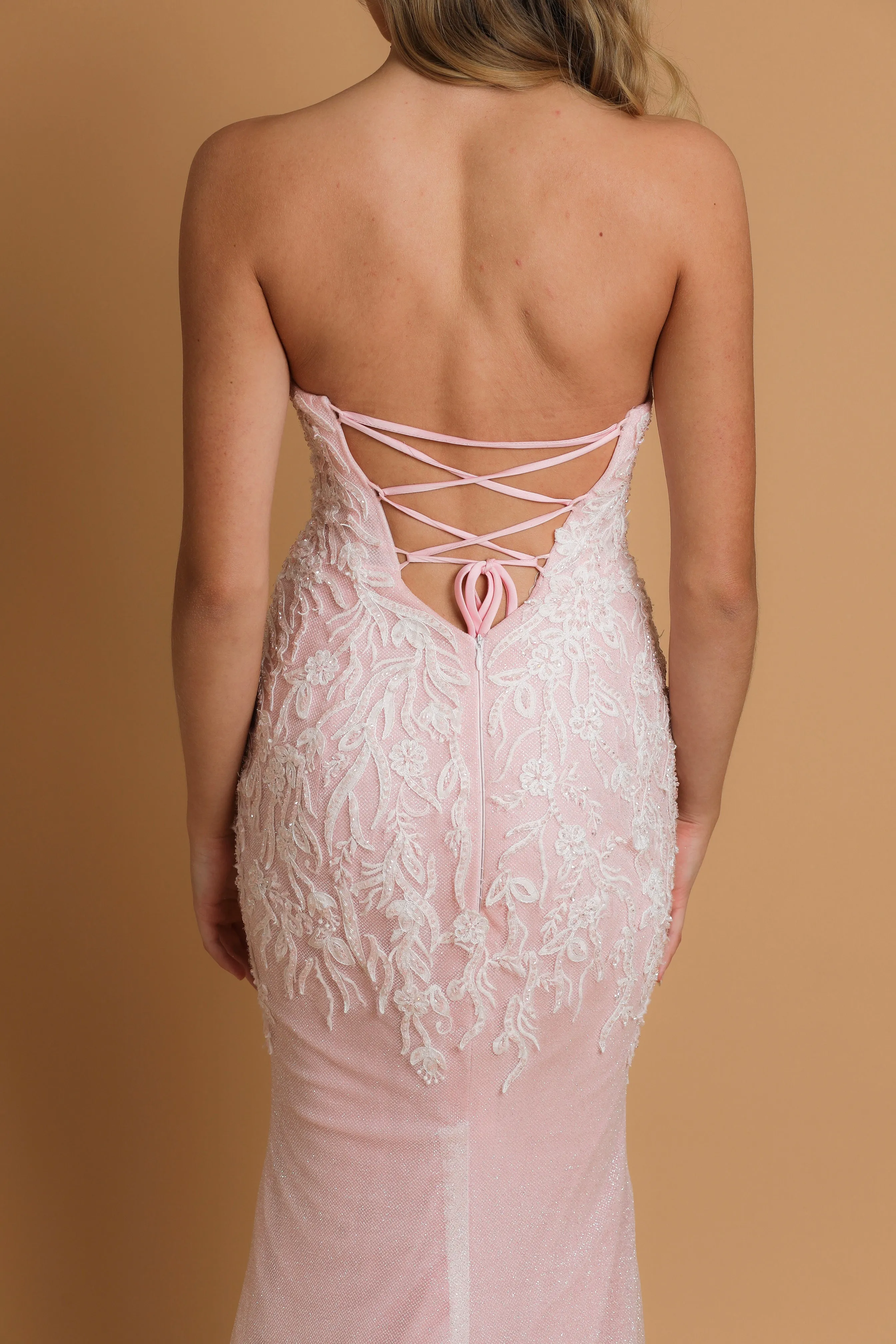 Sparkling pink dress with strapless scoop neckline