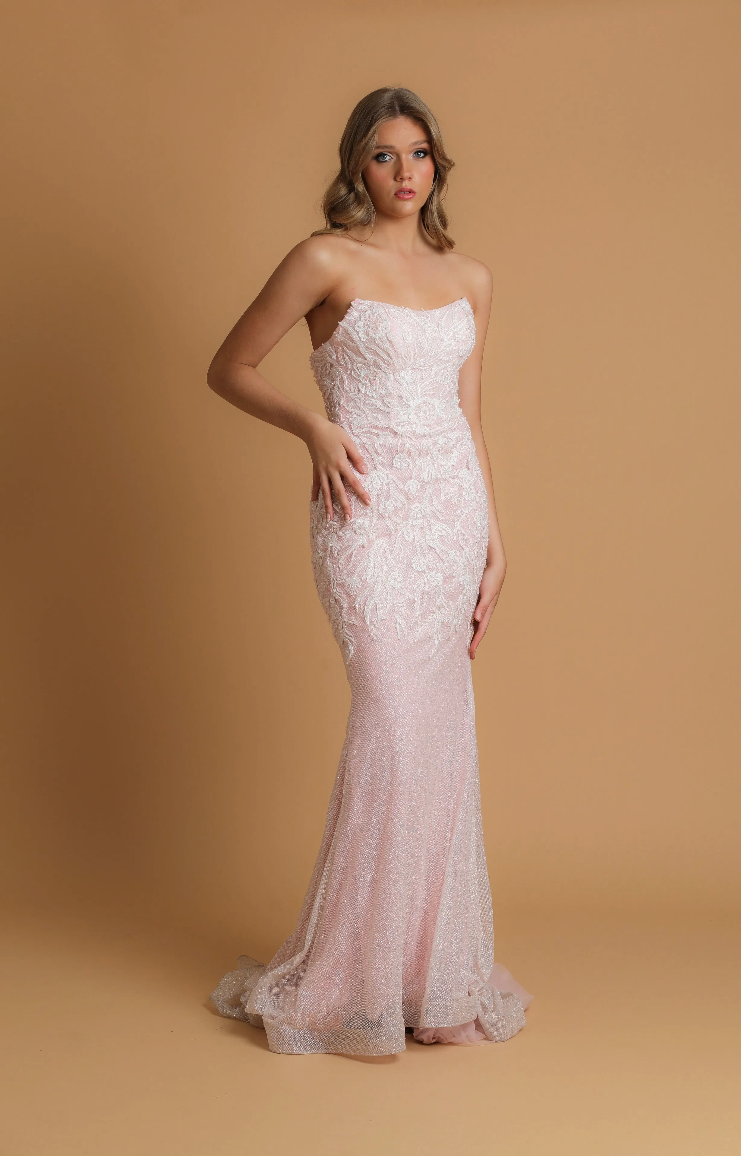 Sparkling pink dress with strapless scoop neckline