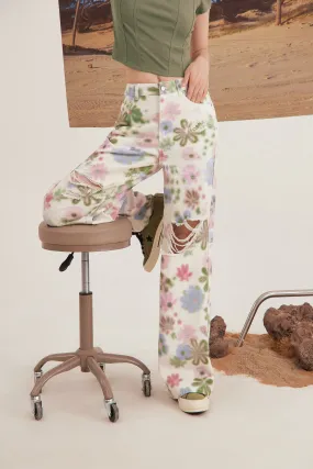 Split Flower Bootcut Denim Pants