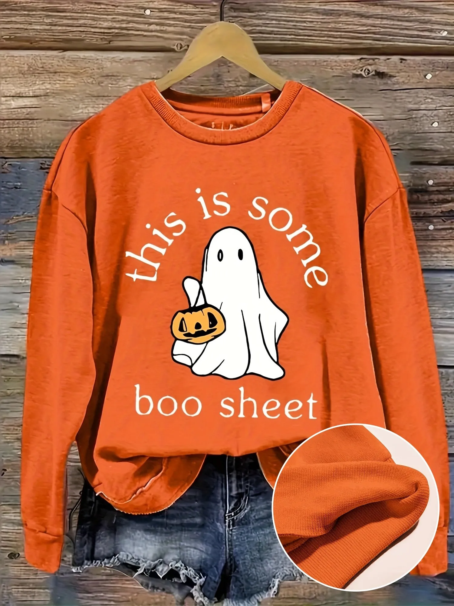 Spooky Ghost Print Long Sleeve Crew Neck Sweatshirt - Women's Fashion Sweatshirts - Soft, Casual, Comfortable, Halloween-Themed Apparel for Ladies