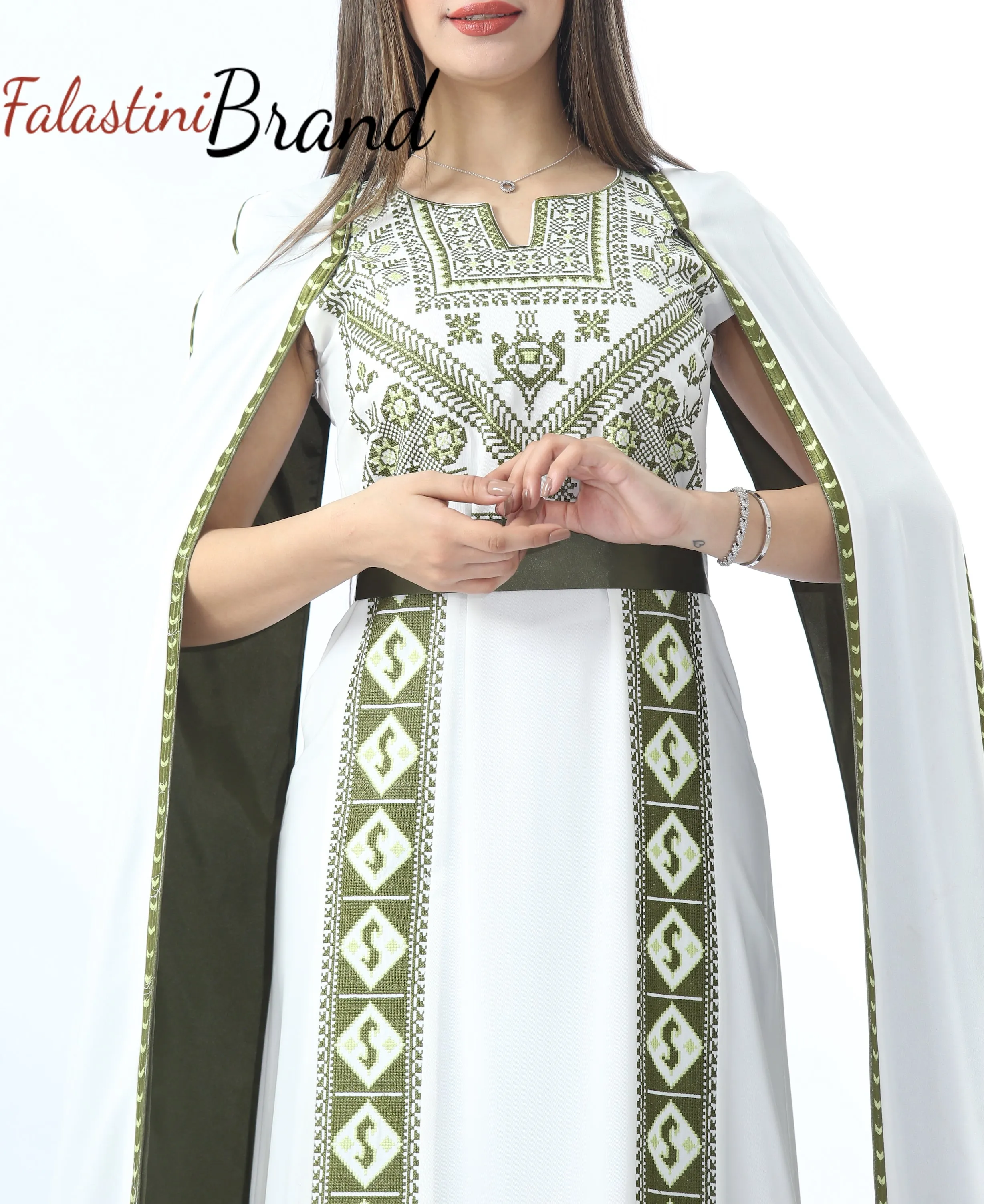 Stunning White And Green Royal Sleeve Palestinian Embroidered Dress