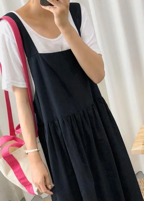 Style Spaghetti Strap Cinched linen cotton clothes For Women Sewing black Dress