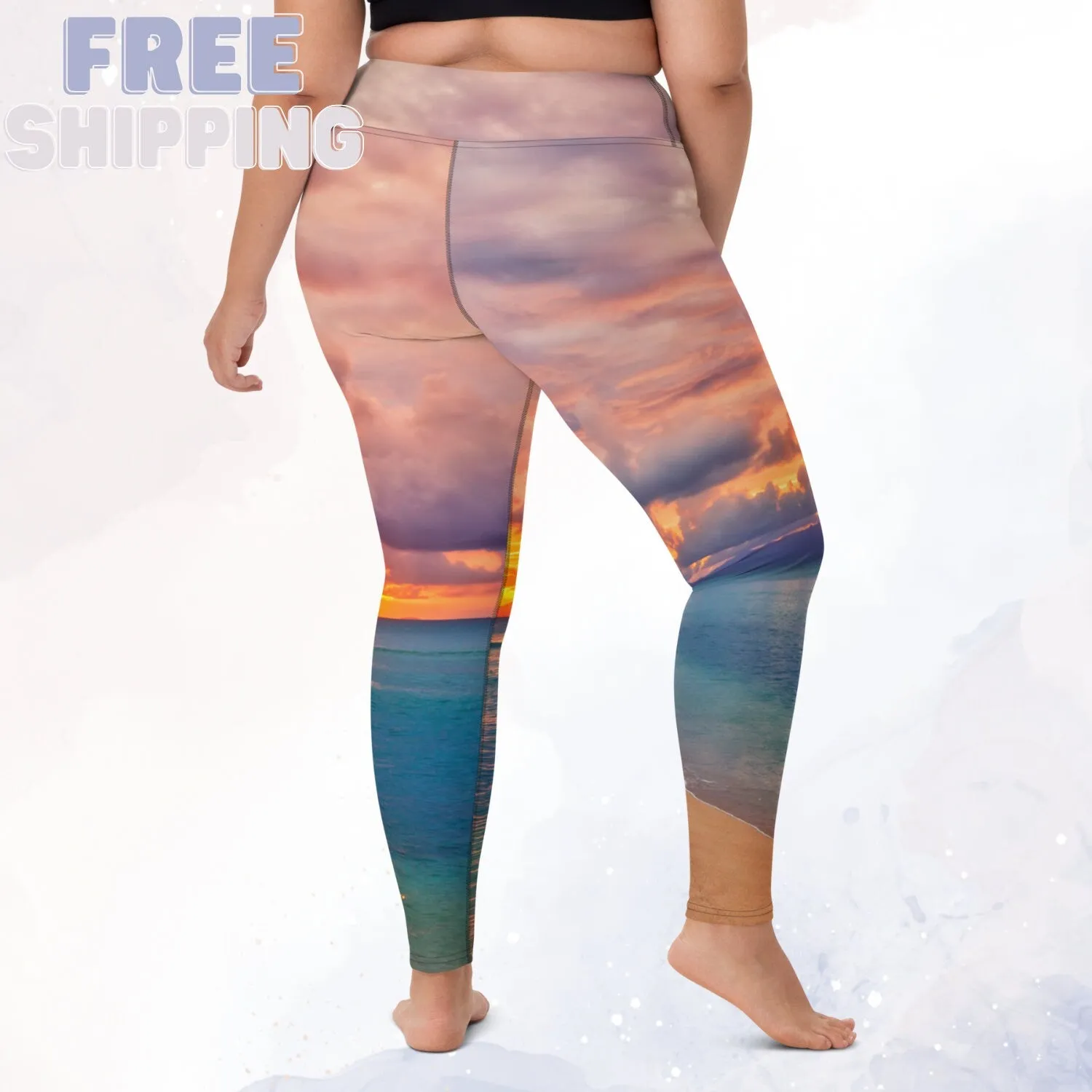 Sunset Photo Ocean Blue and Purple High Waist Comfort Leggings