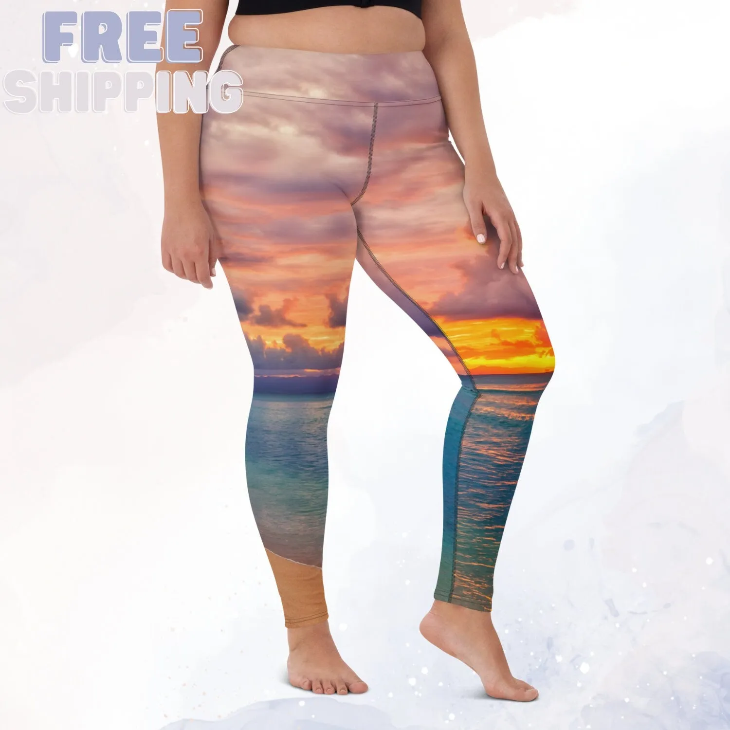 Sunset Photo Ocean Blue and Purple High Waist Comfort Leggings