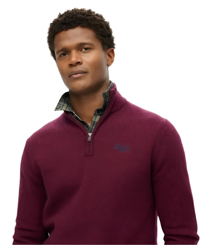 Superdry Mens Jumper Essential Emb Knit Half Zip Dark Berry