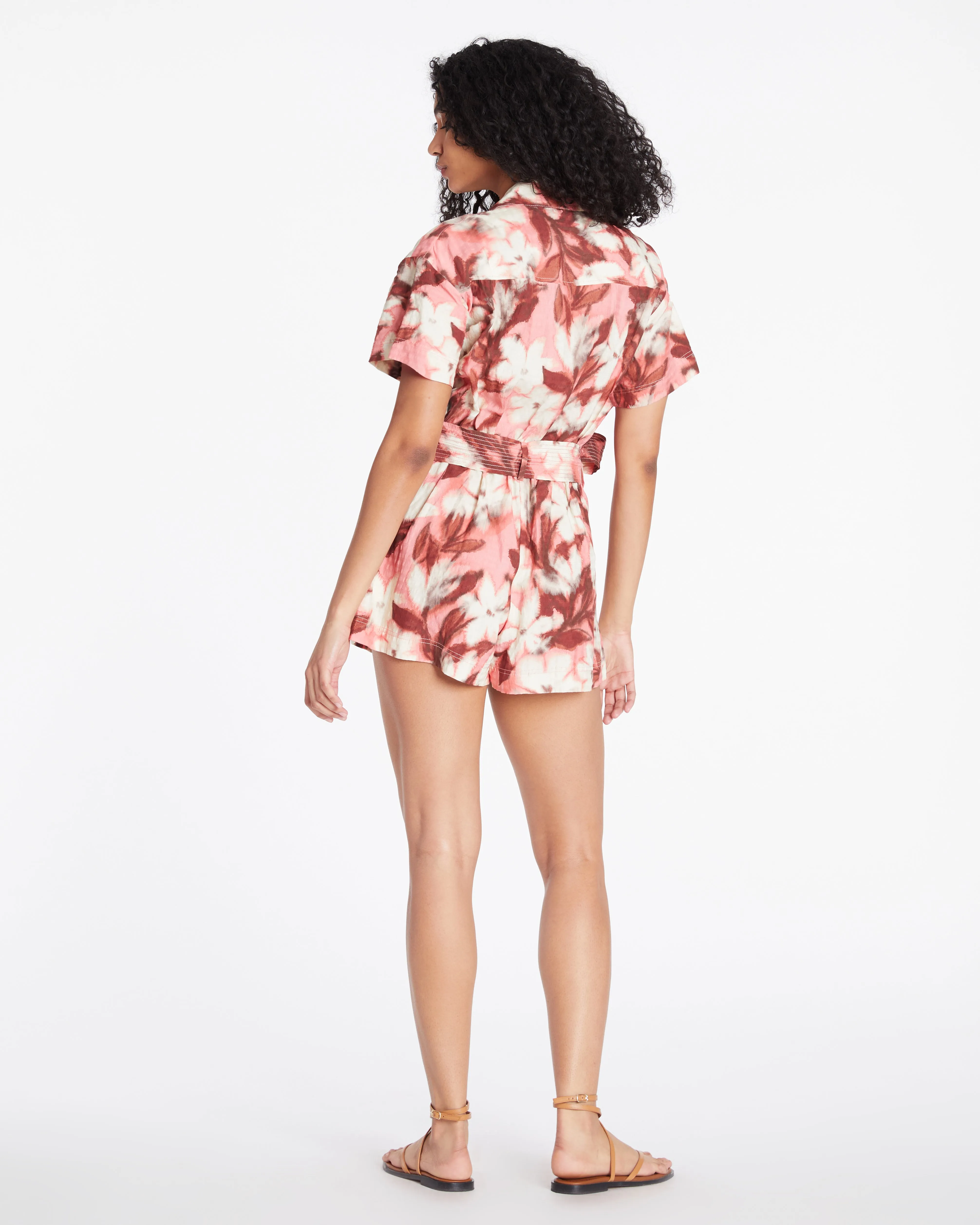 Tanya Taylor - Short Sleeve Skye Romper in Geranium Pink Multi