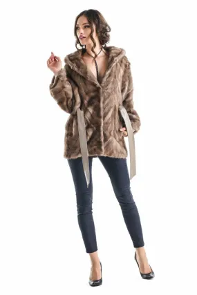 Taupe Hooded Genuine Mink Fur Coat with Leather Belt