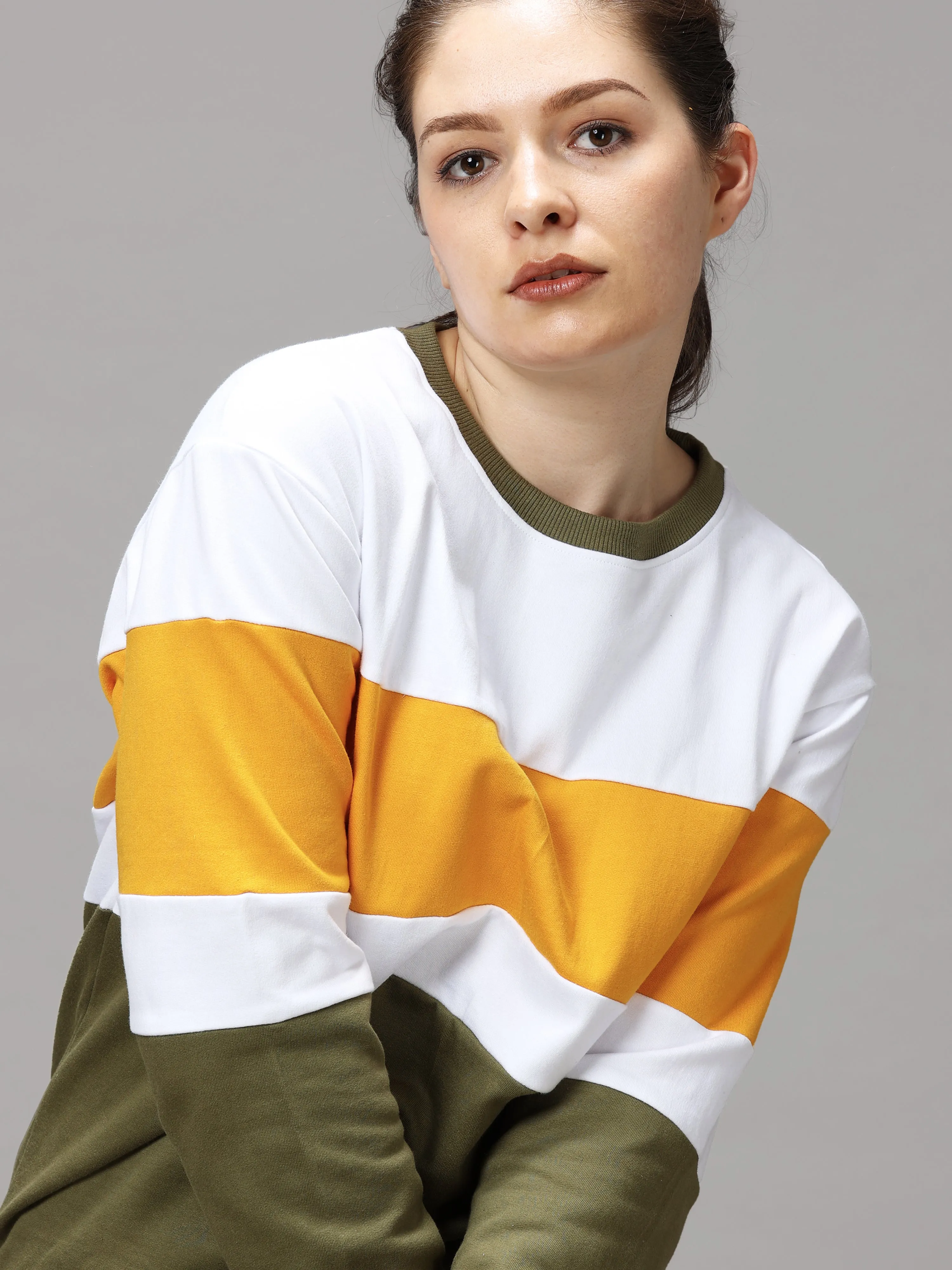 The Greenage Girl Solid Long Yellow White Sweat Shirt