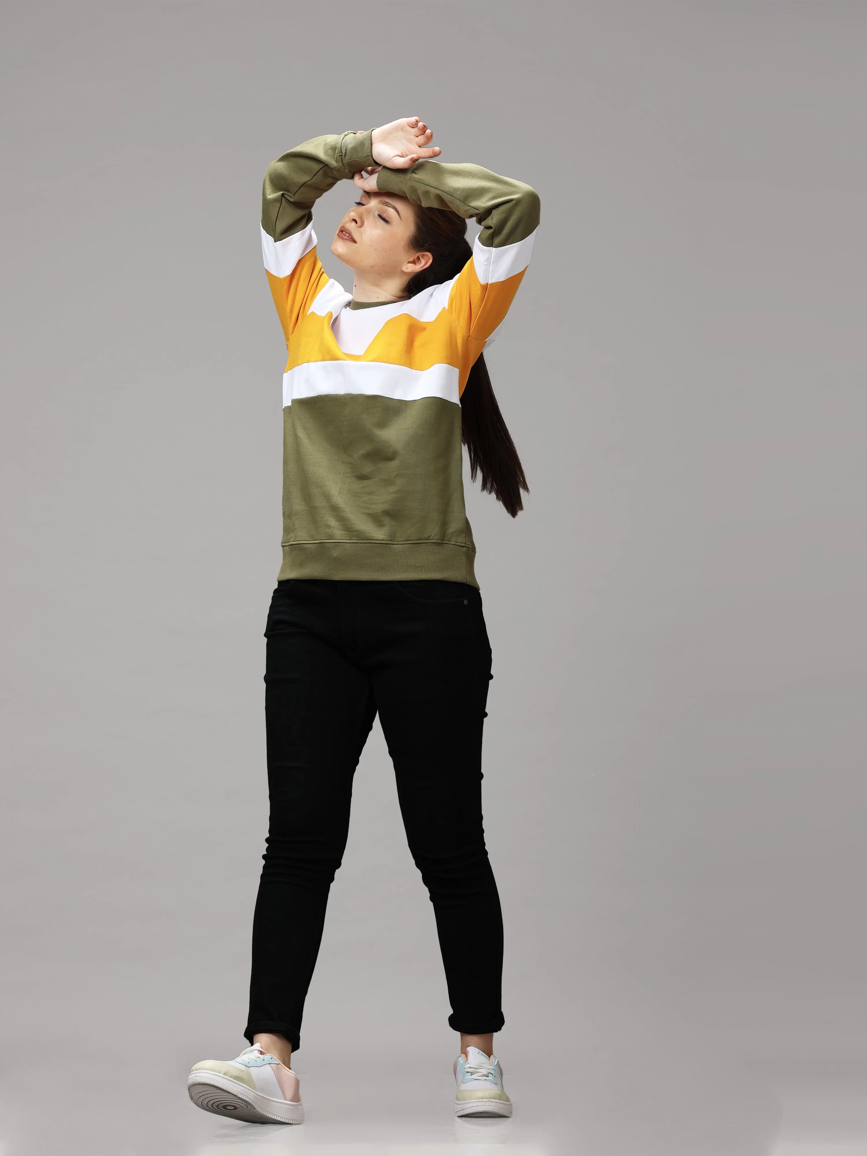 The Greenage Girl Solid Long Yellow White Sweat Shirt