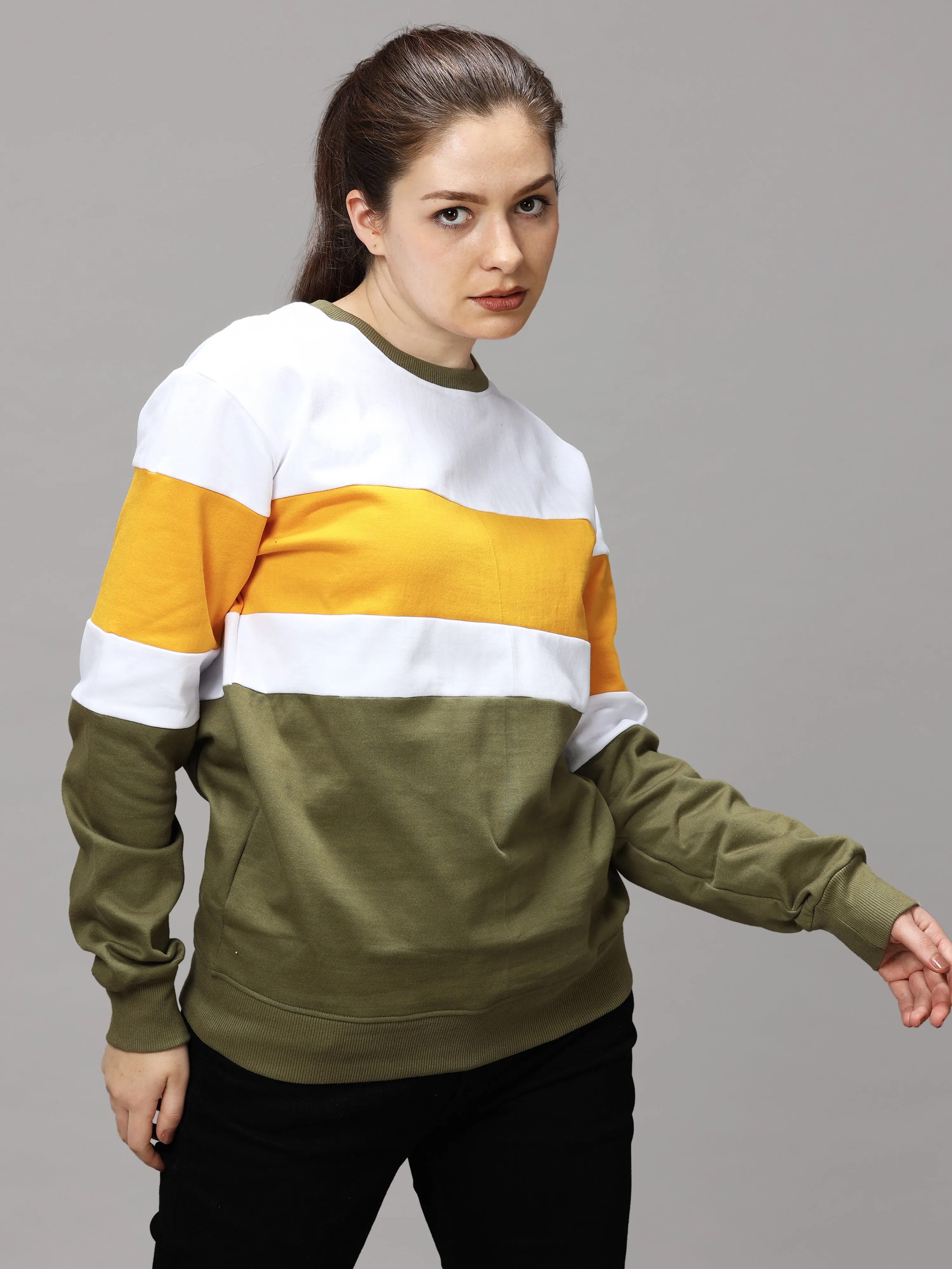 The Greenage Girl Solid Long Yellow White Sweat Shirt