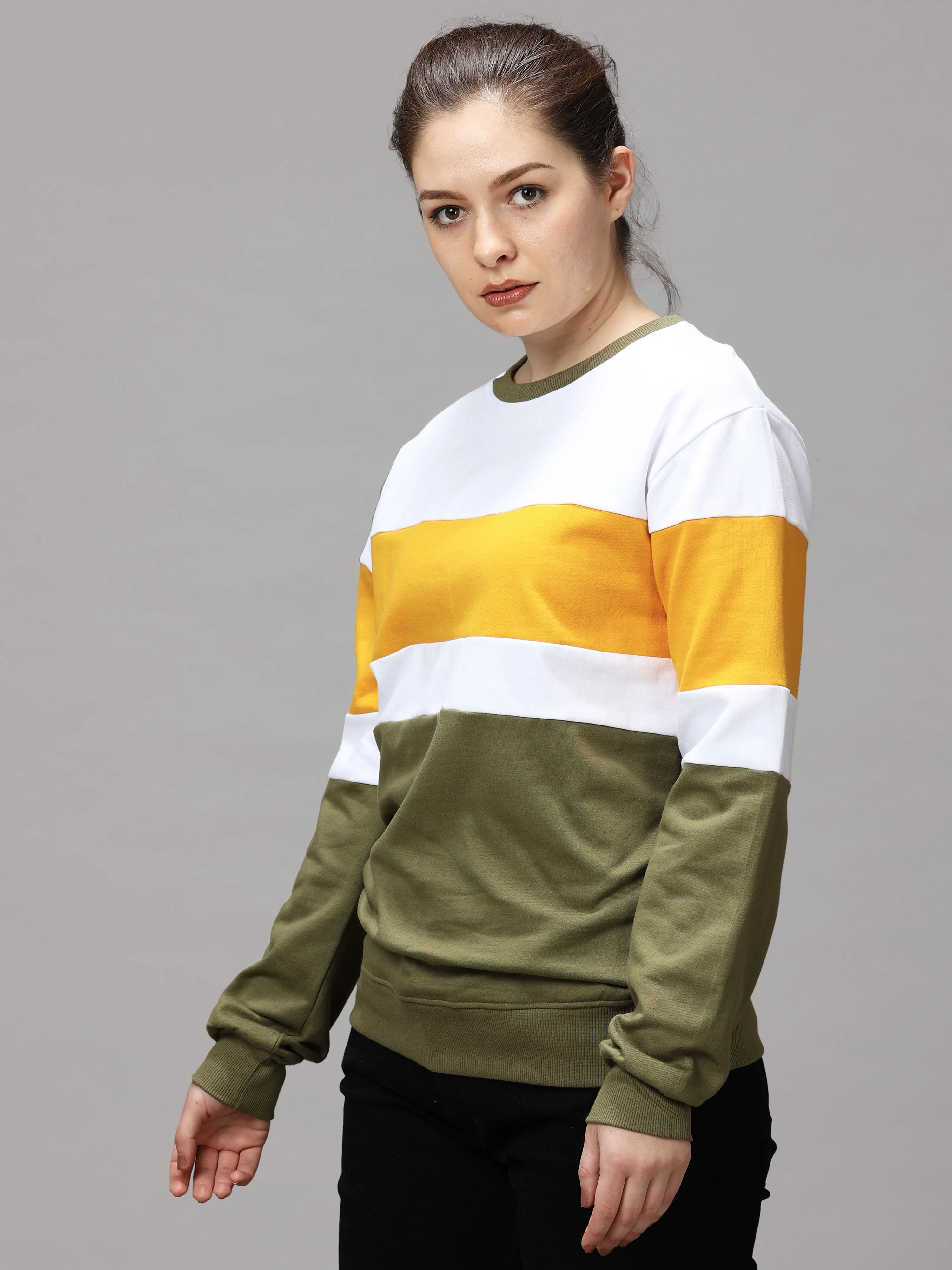 The Greenage Girl Solid Long Yellow White Sweat Shirt