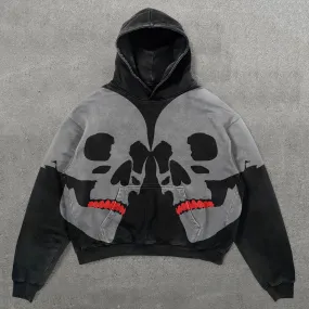 Two Skull Faces Print Long Sleeve Hoodies